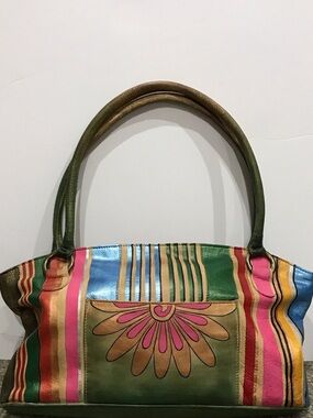 Anuschka Multicolor Striped Floral Shoulder Bag - Green Pink Blue Gold